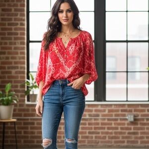 Rebecca Taylor Silk Red Tye Die Ikat Print Top Size M